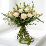 Buchet elegant 25 trandafiri albi premium, wax si eucalipt.