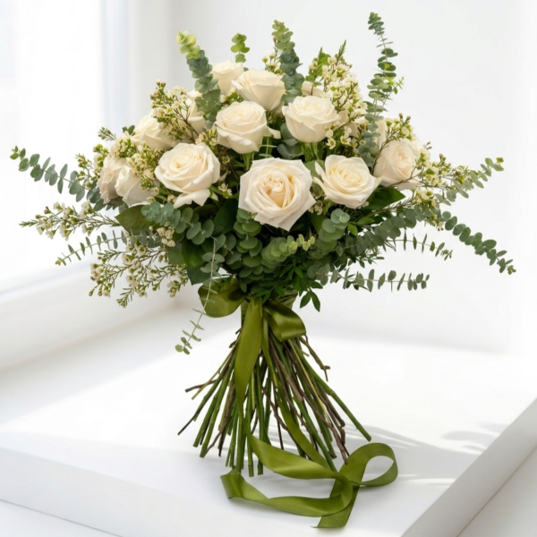 Buchet elegant 25 trandafiri albi premium, wax si eucalipt.