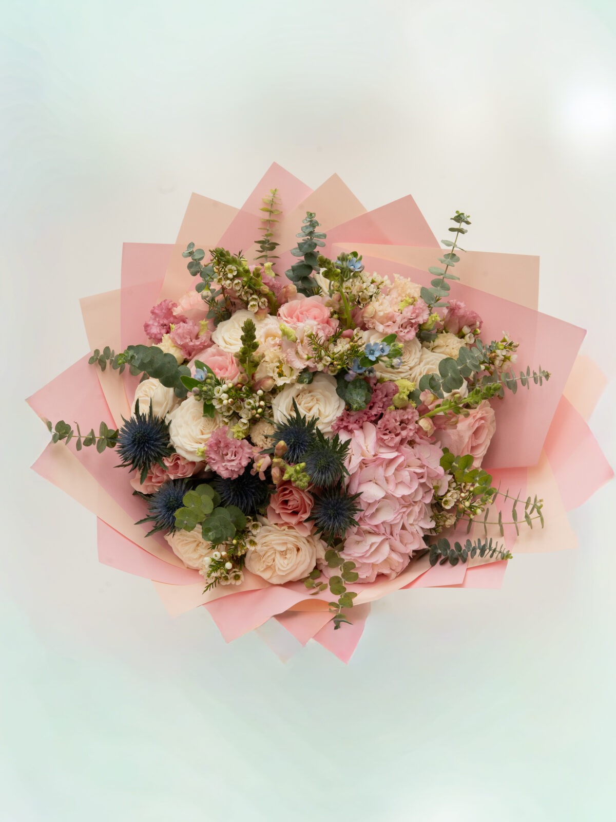 Buchet Élégance en Rosé alegerea floristului, trandafiri albi, trandafiri roz, Wax, Hortensie, Eringium, Oxypetalum, Gura Leului, Eucalipt, Pistacia Lisianthus